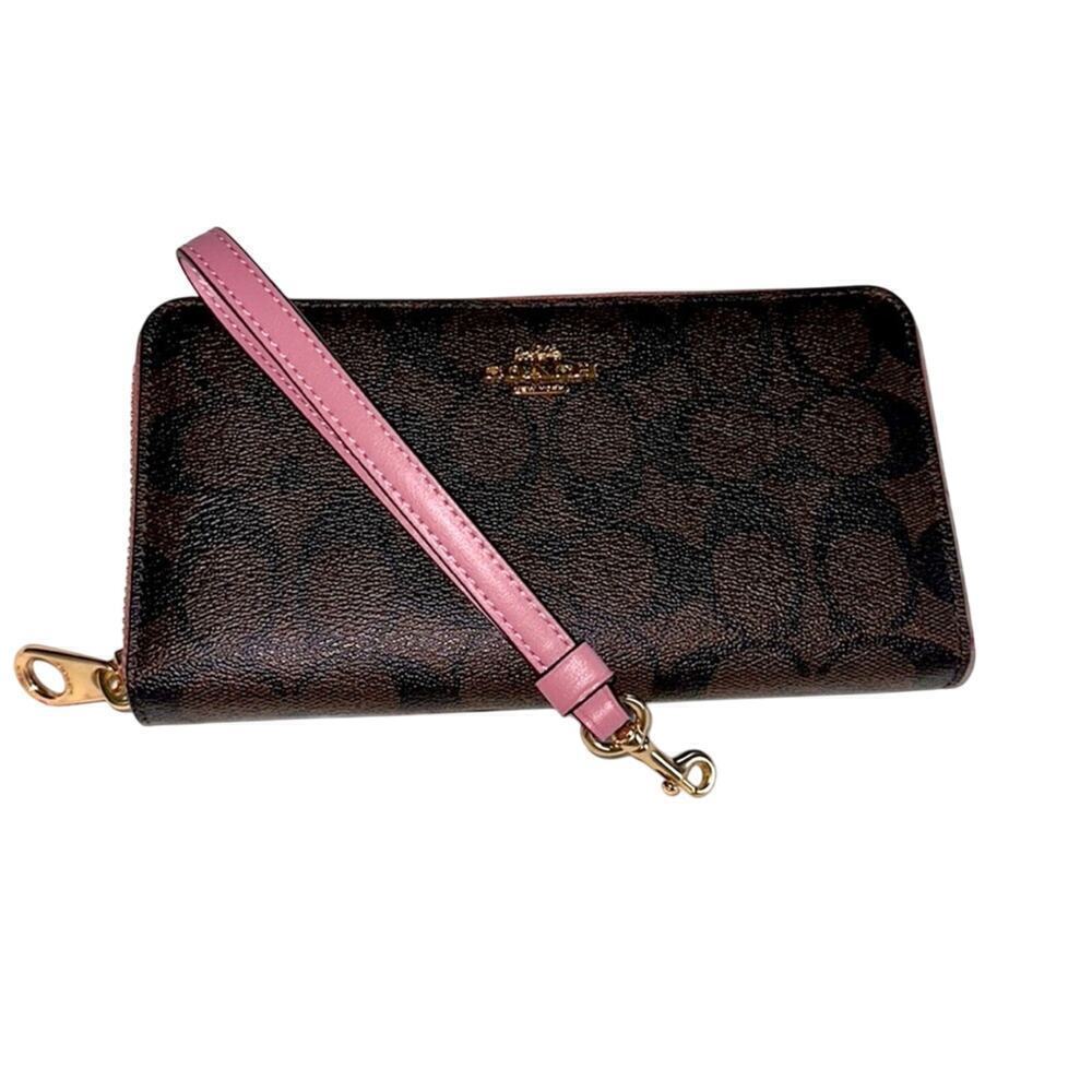 NEW Coach Long Zip Around Wallet In Signature Canvas Gold Pink Lemonade Brown - Picture 6 of 11